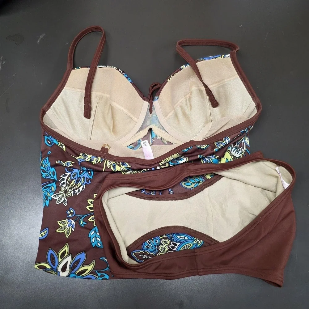 Victoria's Secret Swimsuit 34D Chocolate Brown Floral Tankini Bikini Set Padded